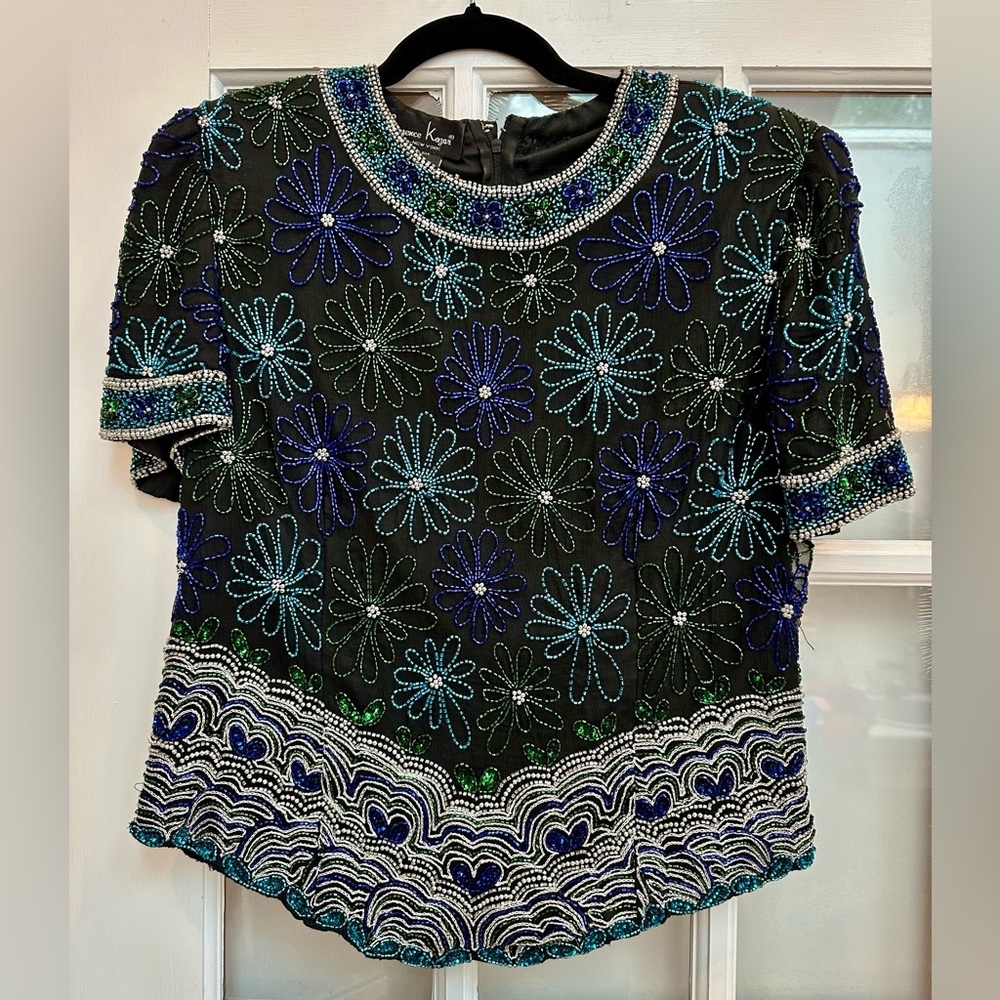 Vintage Laurence Kazar 80’s Silk Sequins Floral Beaded Evening Blouse Size XL